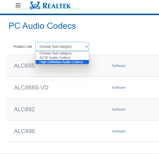 Choose High Definition Audio Codecs Category