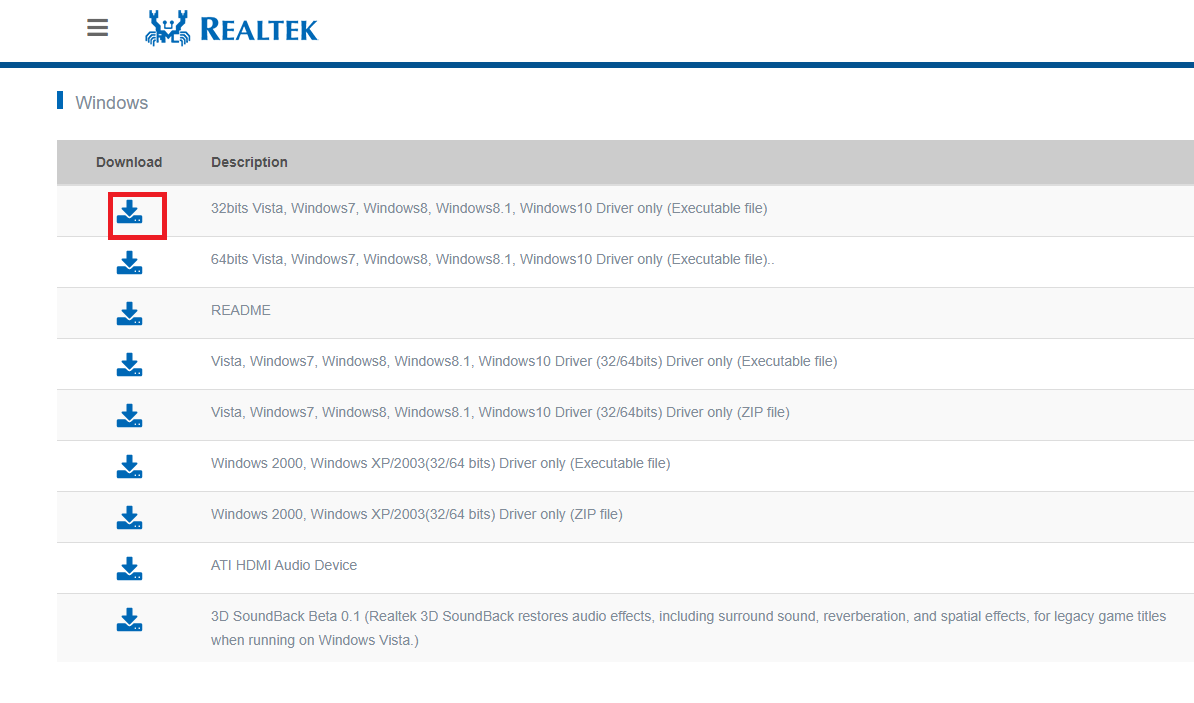 Click on download icon to get Realtek High Definition Audio Driver