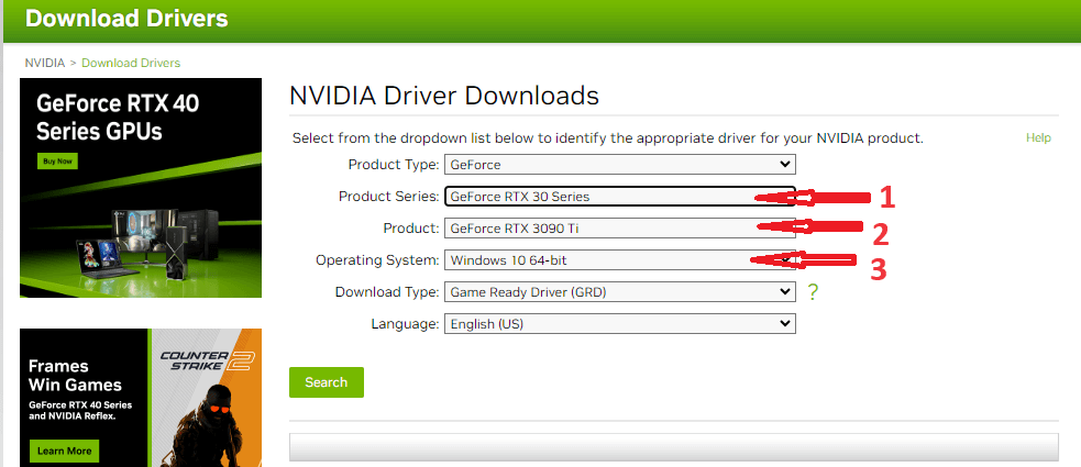 Nvidia Official Site - Select RTX 3090 Ti and Select Operating System